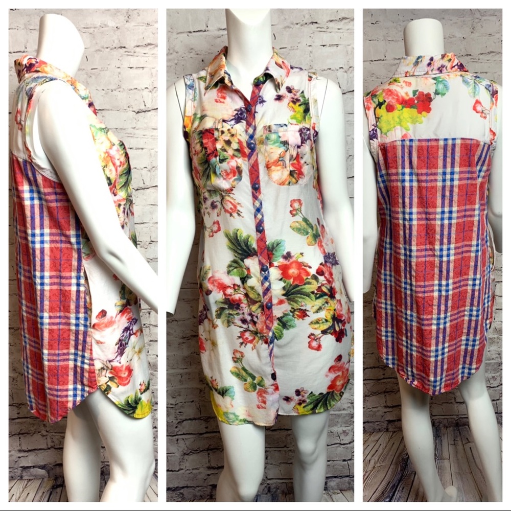 Floral plaid sleeveless long button down boho top